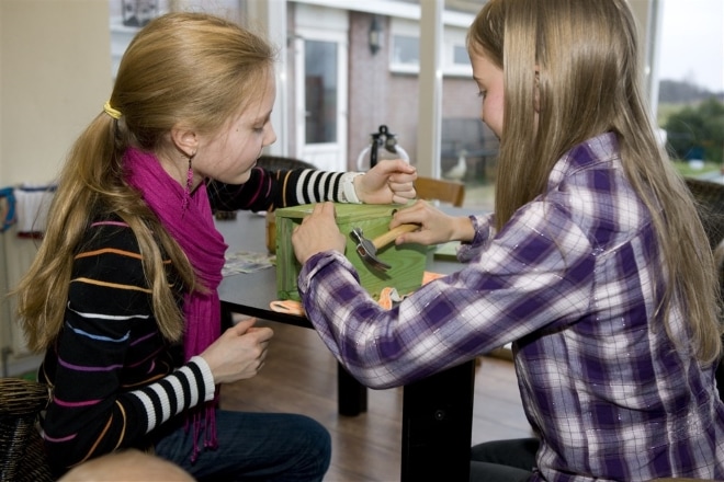 Twee meisjes timmeren een vogelhuisje