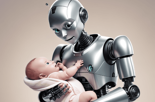 Afbeelding van robot met baby gemaakt door AI