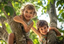 Children climbing in a tree, siblings playing together outdoors, brother sister yard park camp, vacation outdoors
