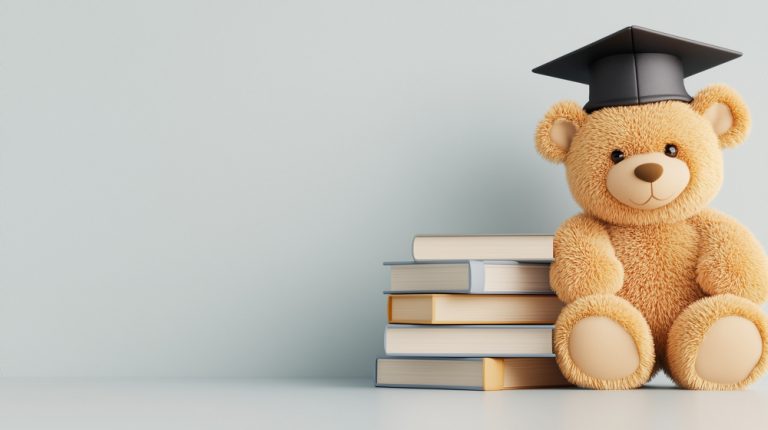 Beer met acadamic cap op naast een stapeltje boeken