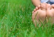 Children's feet on the green grass in the park. Selective focus. nature.