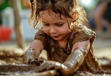 Toddlers playfully play in the mud.