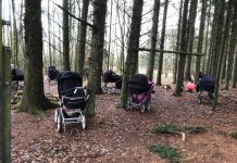 Kinderen slapen buiten in het bos in de kinderwagens