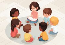illustratie van pm 'er zittend in een kring met kinderen erom heen