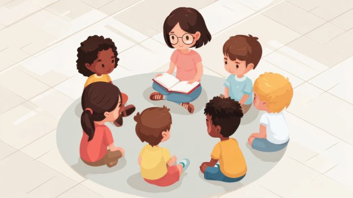 illustratie van pm 'er zittend in een kring met kinderen erom heen