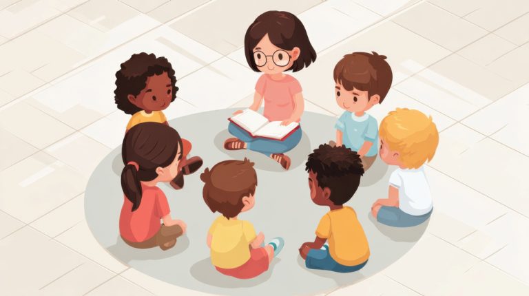illustratie van pm 'er zittend in een kring met kinderen erom heen