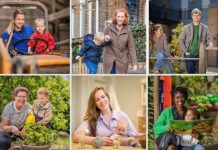Portretten van zes pedagogisch professionals met kind op hun werk.