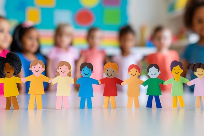 AdobeStock_878119624-2 Rainbow colored paper human figures holding their hands on kindergarten or school background. Diversity and inclusion concept.