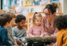 Peuteropvang vanaf 2 jaar: ‘Kostbare ontwikkeltijd die we nu winnen’ een vrouw leest kinderen op de groep een boek voor