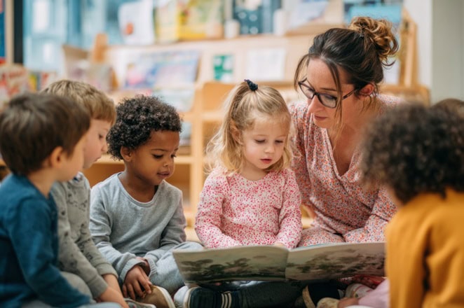peuteropvang-vanaf-2-jaar-kostbare-ontwikkeltijd-die-we-nu-winnen een vrouw leest kinderen op de groep een boek voor